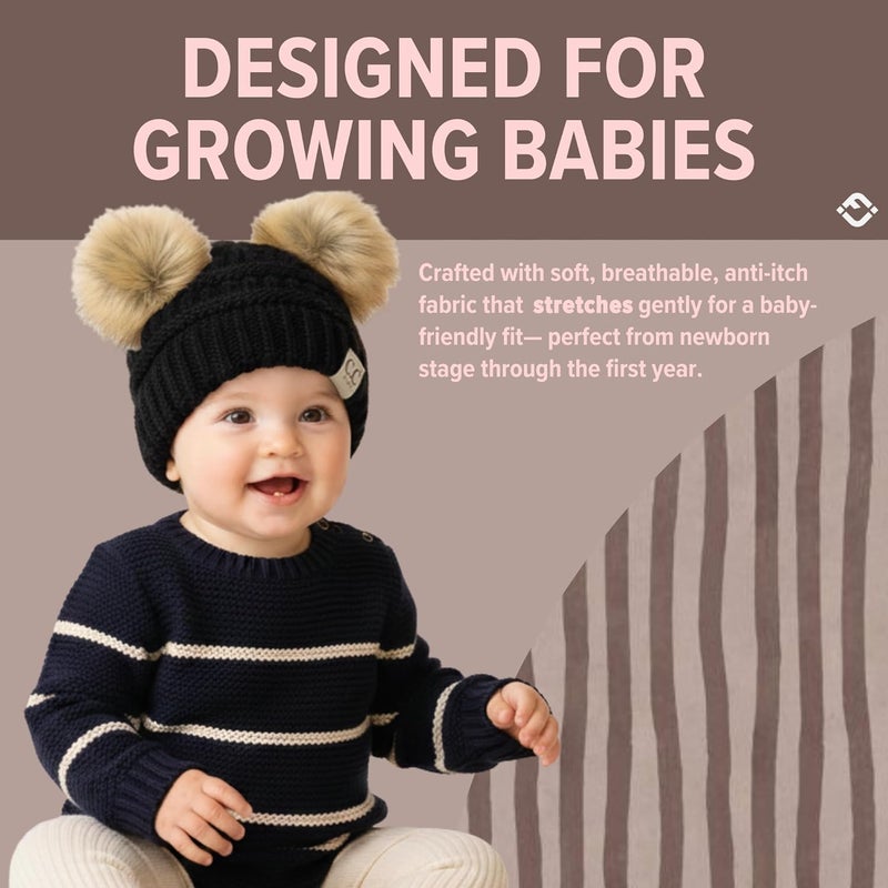 Funky Junque Double Pom Pom Baby Beanie – Newborn Girl Winter Hat 0–12 Months, Cute Cozy Knit Infant Beanies for Cold Weather - Image 2